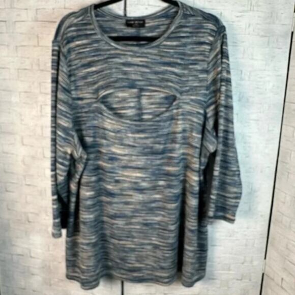 Lane Bryant pullover sweater keyhole blue tan mobwife bikercore  plus size - Picture 1 of 9